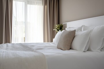 A bed with white sheets and a white pillow with a brown pillowcase. The bed is unmade and the curtains are open, letting in natural light. The room has a clean and simple design, giving off a calm