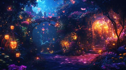 Obraz premium An illuminated night scene with vibrant hues and glowing decorations, creating an enchanting and otherworldly atmosphere