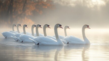 Graceful Swans in a Misty Dawn