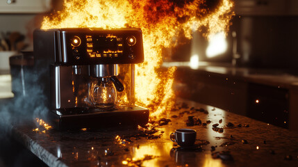 Coffee Machine Engulfed in Flames on Kitchen Counter – Photorealistic Fire and Smoke Scene