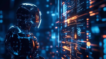 A futuristic robot with glowing eyes stands in front of an abstract digital interface, surrounded by holographic data and code patterns. The background is dark blue with orange highlights