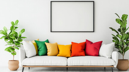 A modern living room features a white couch adorned with colorful pillows, two potted plants, and an empty black-framed picture frame on the wall.