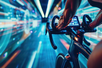 Fototapeta premium Close-up of a cyclist's hands on a futuristic bike handlebar with glowing lights and motion blur, capturing speed and technology.