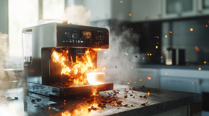 Coffee Machine Engulfed in Flames on Kitchen Counter – Photorealistic Fire and Smoke Scene