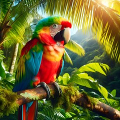 Colorful Parrot Perched on a Tropical Tree Branch