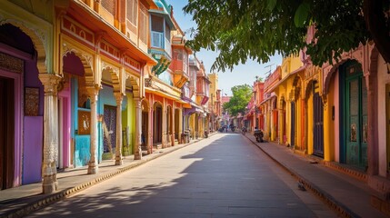 Fototapeta premium The vibrant streets of Jaipur, lined with colorful buildings and markets, completely empty, showcasing India's cultural richness in silence
