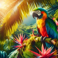Colorful Parrot Perched on a Tropical Tree Branch