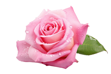 Delicate pink rose with dew drops on the petals, isolated on white background