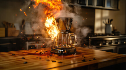 Coffee Machine Engulfed in Flames on Kitchen Counter – Photorealistic Fire and Smoke Scene