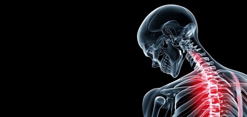 X-ray style skeletal figure with highlighted pain points, dark background, 3D illustration