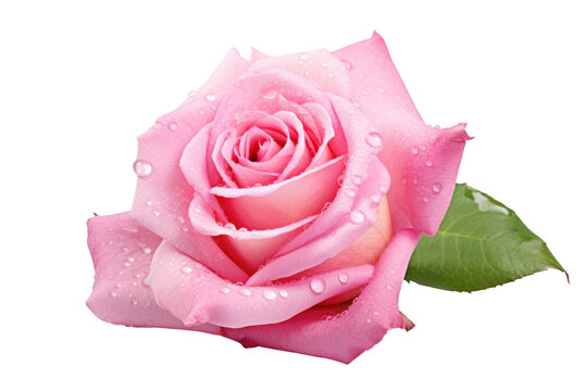 Delicate pink rose with dew drops on the petals, isolated on white background