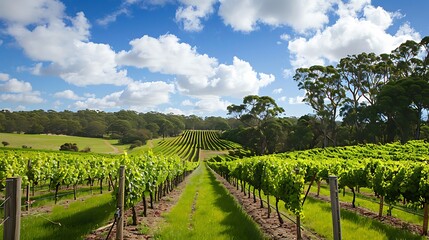 Naklejka premium Vineyard landscape with lush green vines and blue sky.