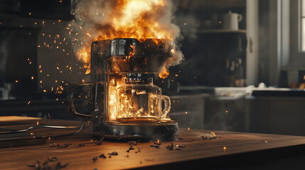Coffee Machine Engulfed in Flames on Kitchen Counter – Photorealistic Fire and Smoke Scene