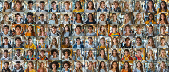 People - High school teenage portraits - a grid of 84 unique square headshots of a variety of diverse, smiling, friendly teenagers in a school interior - 88MP XXXL	
