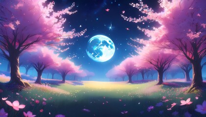 A serene, moonlit cherry blossom grove with ethereal spirits dancing among the petals under a starlit sky.