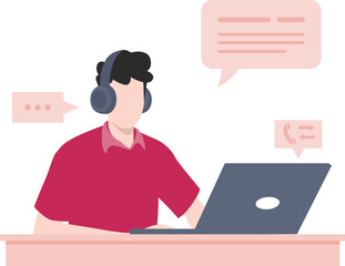 The boy wearing headphones using his laptop.