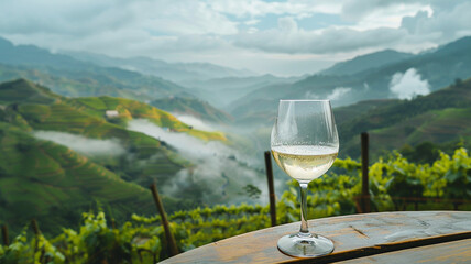 Obraz premium White wine on the table in green mountain