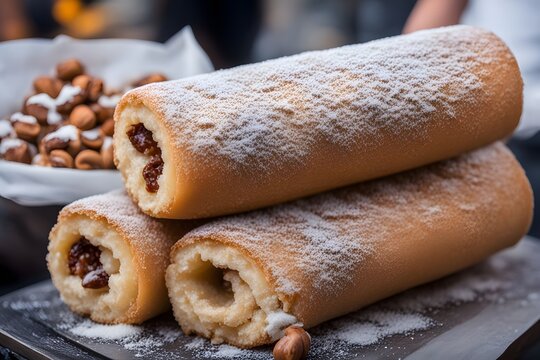 Czech trdelnk cylindrical pastry coated in sugar and nuts served hot from a street vendor, Ai Generated