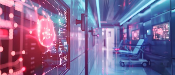 Obraz premium Futuristic hospital corridor featuring advanced technology and glowing screens, emphasizing modern healthcare innovation.