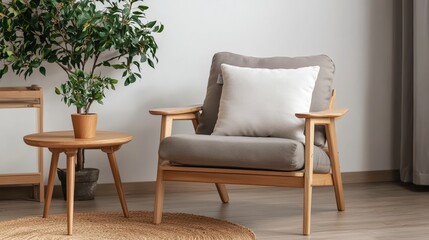 Wooden Armchair with a Soft Pillow Near a Coffee Table in a Modern Living Room