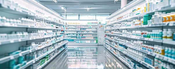 Bright and organized pharmacy aisle filled with various products on shelves, perfect for health-related imagery.