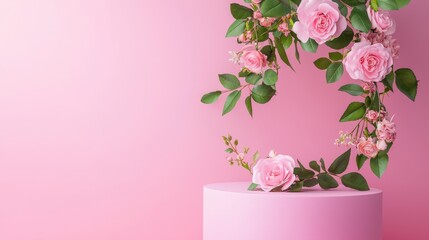 Pastel roses and green leaves in a suspended, gravity-defying display around a pink podium. Isolated against a pink backdrop, perfect for floral-themed product marketing or seasonal promotions.