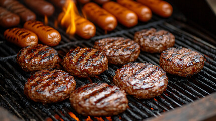 Obraz premium Beef or pork meat barbecue burgers for hamburger prepared grilled on bbq fire flame grill. 