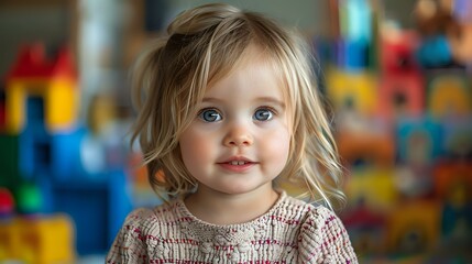 Fototapeta premium portrait of a cute toddler with wide blue eyes, surrounded by colorful plastic balls. The soft, playful environment captures childhood innocence, perfect for family-oriented brands, daycare advertis