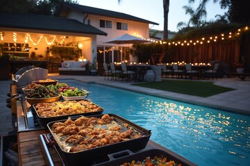 A spread of food is laid out on a table next to a backyard pool at dusk.