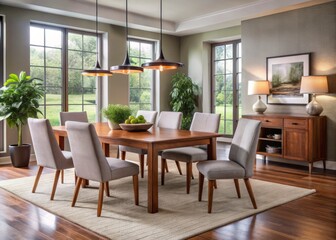 Fototapeta premium Stylish modern dining room furniture sets are perfectly arranged in a cozy and inviting home setting, complete with