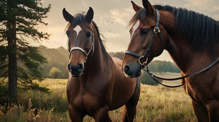 Obraz premium Two brown horses in countryside field with natural sunlight and green landscape