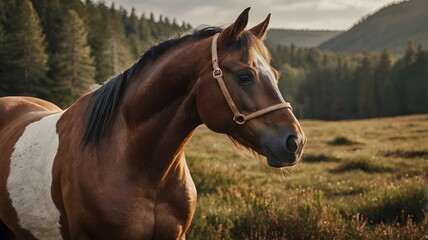 Obraz premium Portrait of brown and white horse in countryside field during golden hour with sunset light