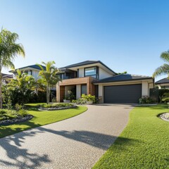 General Real Estate: â€¢ Contemporary suburban house exterior with manicured lawn and driveway 