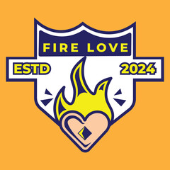 vector illustration design of a fire love badge with a fiery heart in full color and simple style. suitable for logos, icons, posters, advertisements, banners, companies, t-shirt designs, stickers,web
