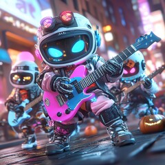 Fototapeta premium Colorful space-themed musicians perform on a vibrant street, blending sci-fi aesthetics with playful Halloween vibes.