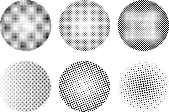 Halftone dotted circular black white pattern illustration.