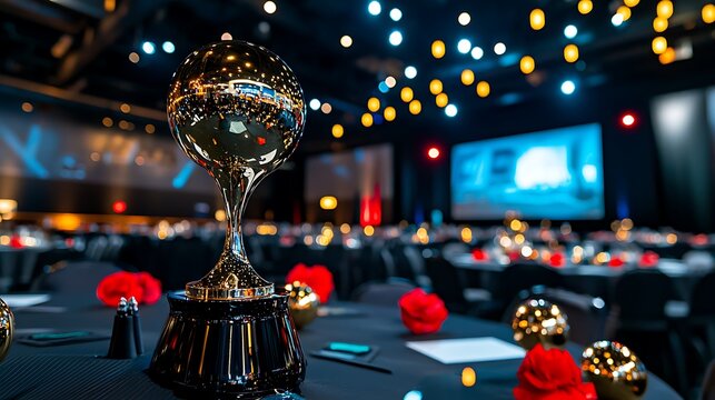 A golden trophy set elegantly on a ceremony table, with a blurred background highlighting its prominence.