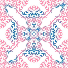 Watercolor floral damask classic tiles. Hand drawn flourish vignette seamless pattern.