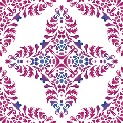 Watercolor floral damask classic tiles. Hand drawn flourish vignette seamless pattern.
