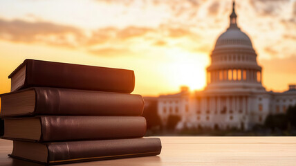 Legislators discussing a new bill inside Congress close up, focus on, copy space warm light through stained glass, Double exposure silhouette with law books and documents