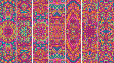 Bookmarks bundle. Festive colorful ornamental floral vector ethnic banner set with color psychedelic print design.