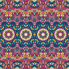 Floral ethnic tribal festive pattern. Abstract geometric flowers colorful seamless mandala flower ornamental. Mexican design Vector seamless pattern