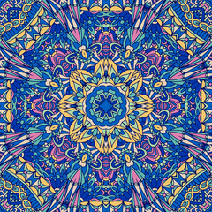 Medallion doodle blue mandala ornaments. Festive Colorful seamless vector pattern ornamental psychedelic