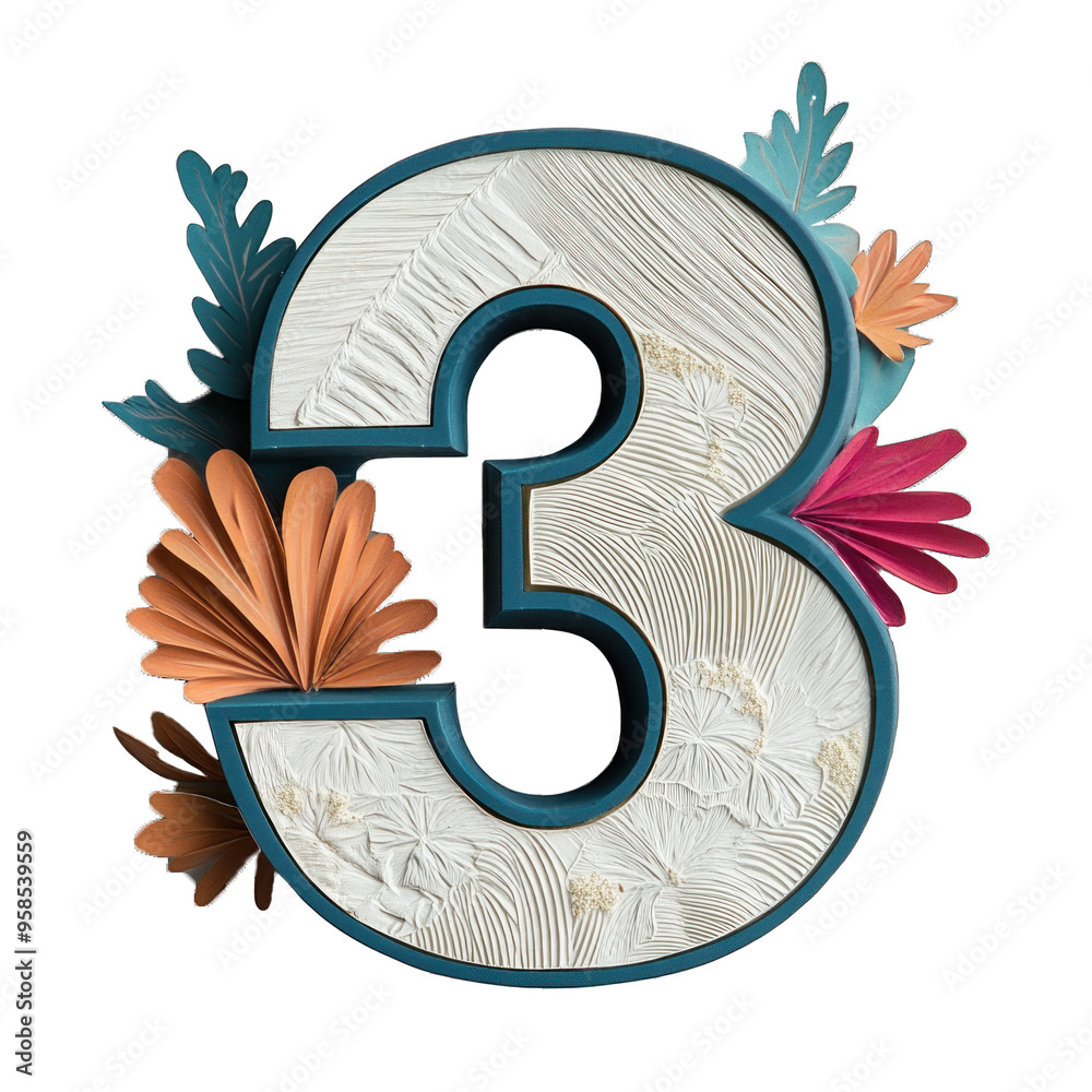 Fototapete the letter number 3 three is made of leaves and flowers. it is blue and white. the leaves and flower
