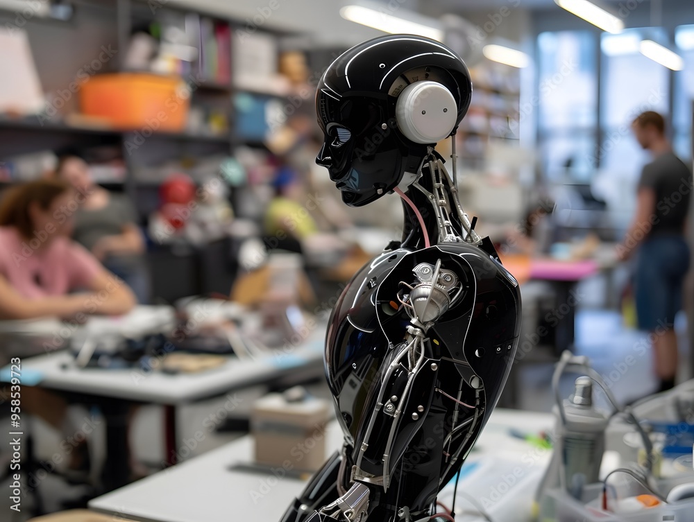 Poster futuristic black humanoid robot in a busy lab workspace, representing advanced robotics and technolo