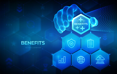 Employee benefits help to get the best human resources concept on virtual screen. Business for Profit, Benefit, health insurance. Hand places an element into a composition. Vector illustration.
