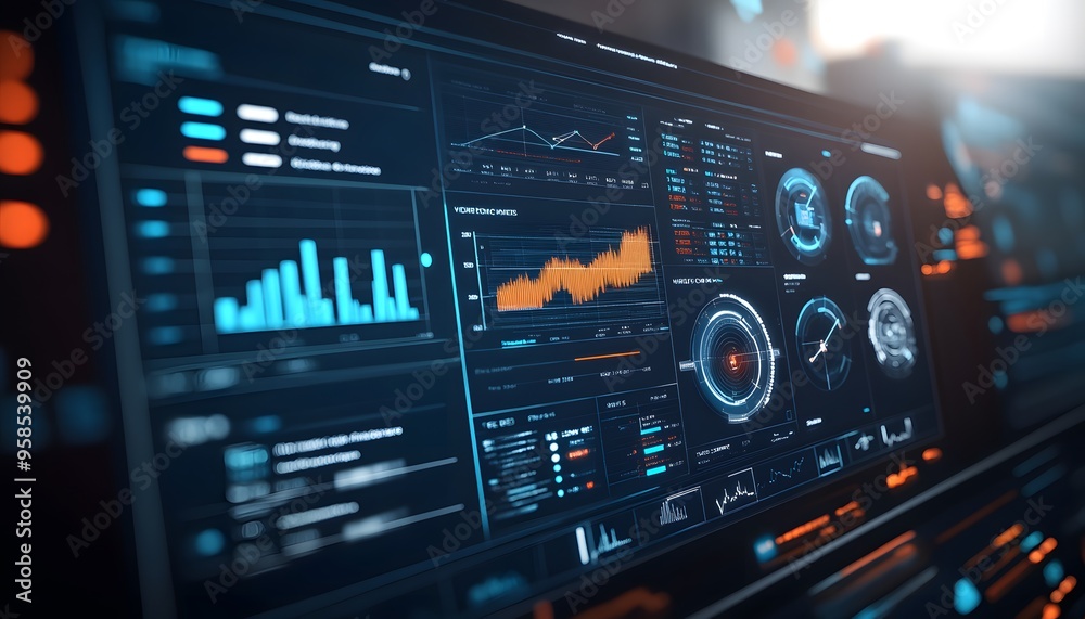 Poster futuristic digital dashboard with data analytics and charts, perfect for illustrating advanced techn