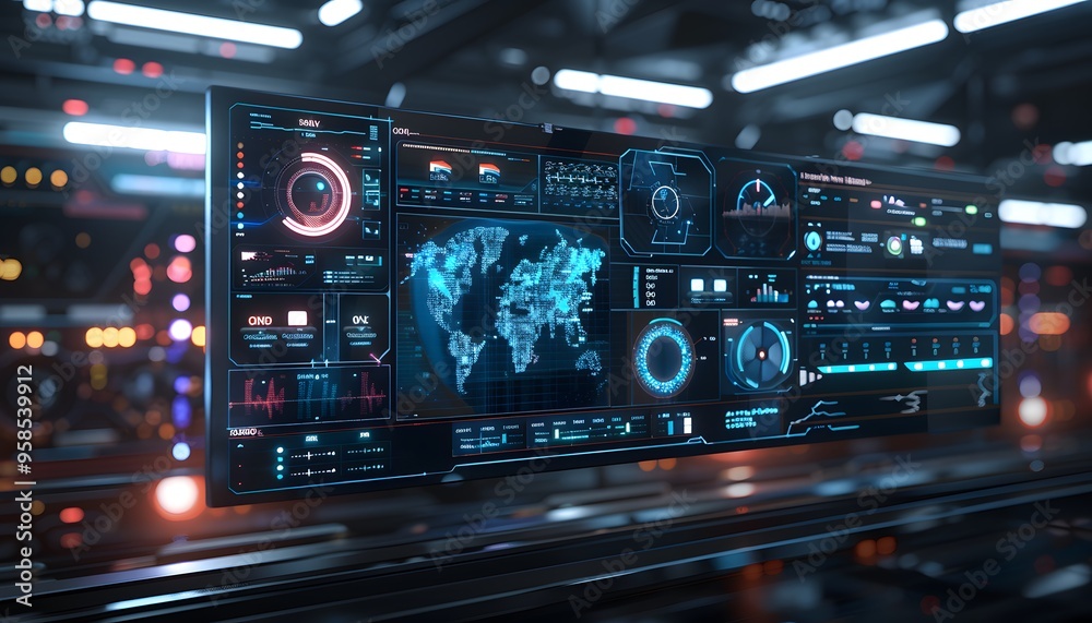 Poster futuristic digital interface displaying global data analytics in a high-tech environment with glowin