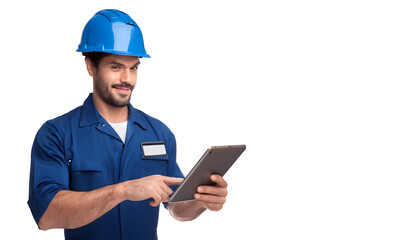  Male Manual worker in blue helmet with digital tablet on transparency background 