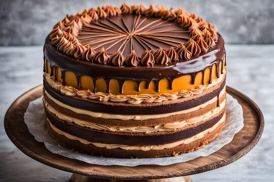 Hungarian dobos torte with multiple layers of sponge cake chocolate buttercream and a caramel top, AI Generated